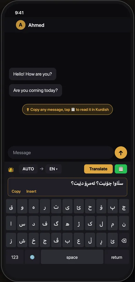An incoming English message shown in Kurdish by Kurd Keyboard